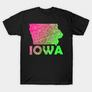 Colorful mandala art map of Iowa with text in pink and green T-Shirt